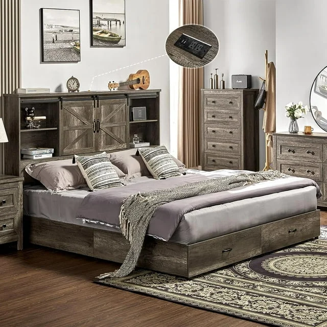 HOWE Full Size Bed Frame, Wooden Platform Storage Bed with 51.2" Bookcase Headboard, 2 Drawers, Charging Station/No Box Spring Needed/Noise Free(Rustic Grey)