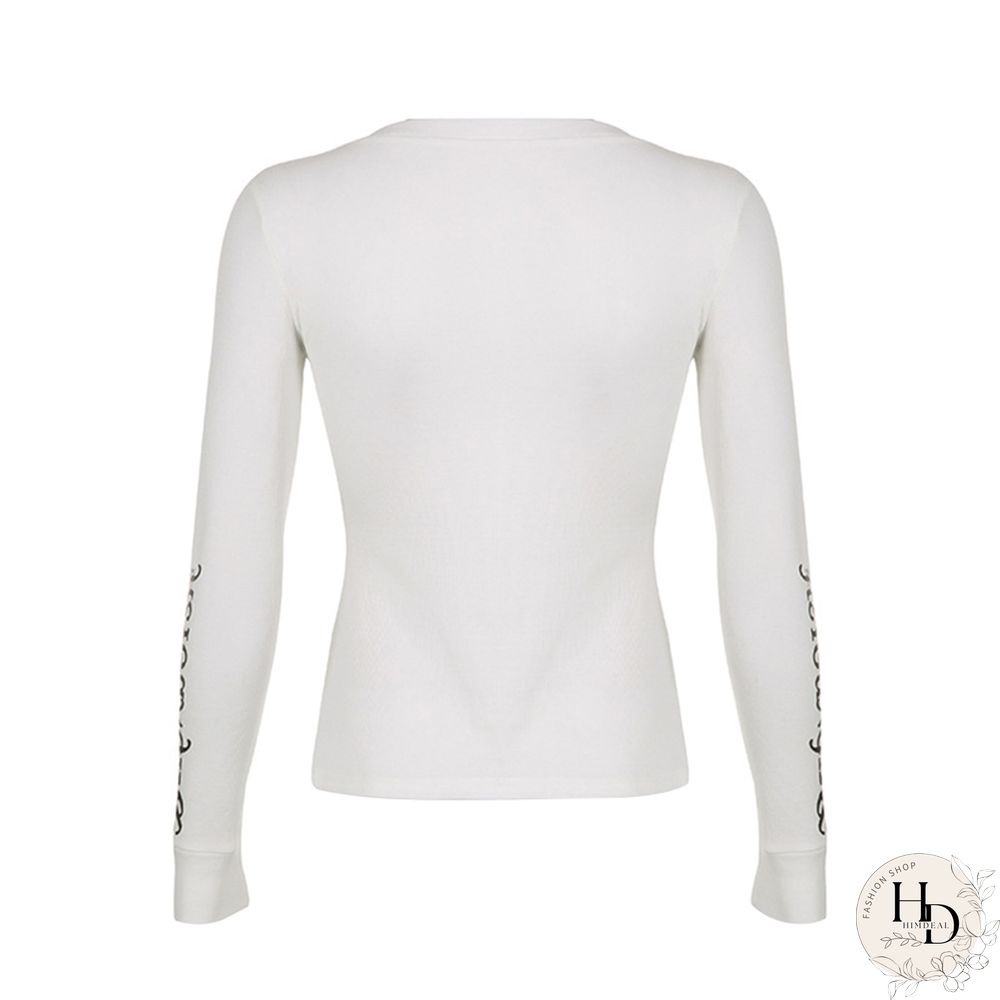 Gothic Shirt Women Button Neck Long Sleeve Tops Letter Print Clothes Y2k Punk Dark