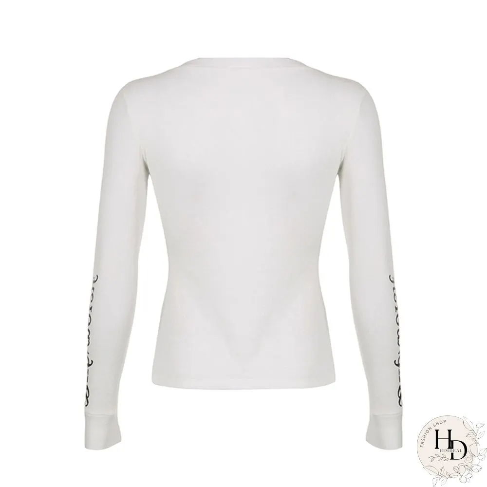 Gothic Shirt Women Button Neck Long Sleeve Tops Letter Print Clothes Y2k Punk Dark