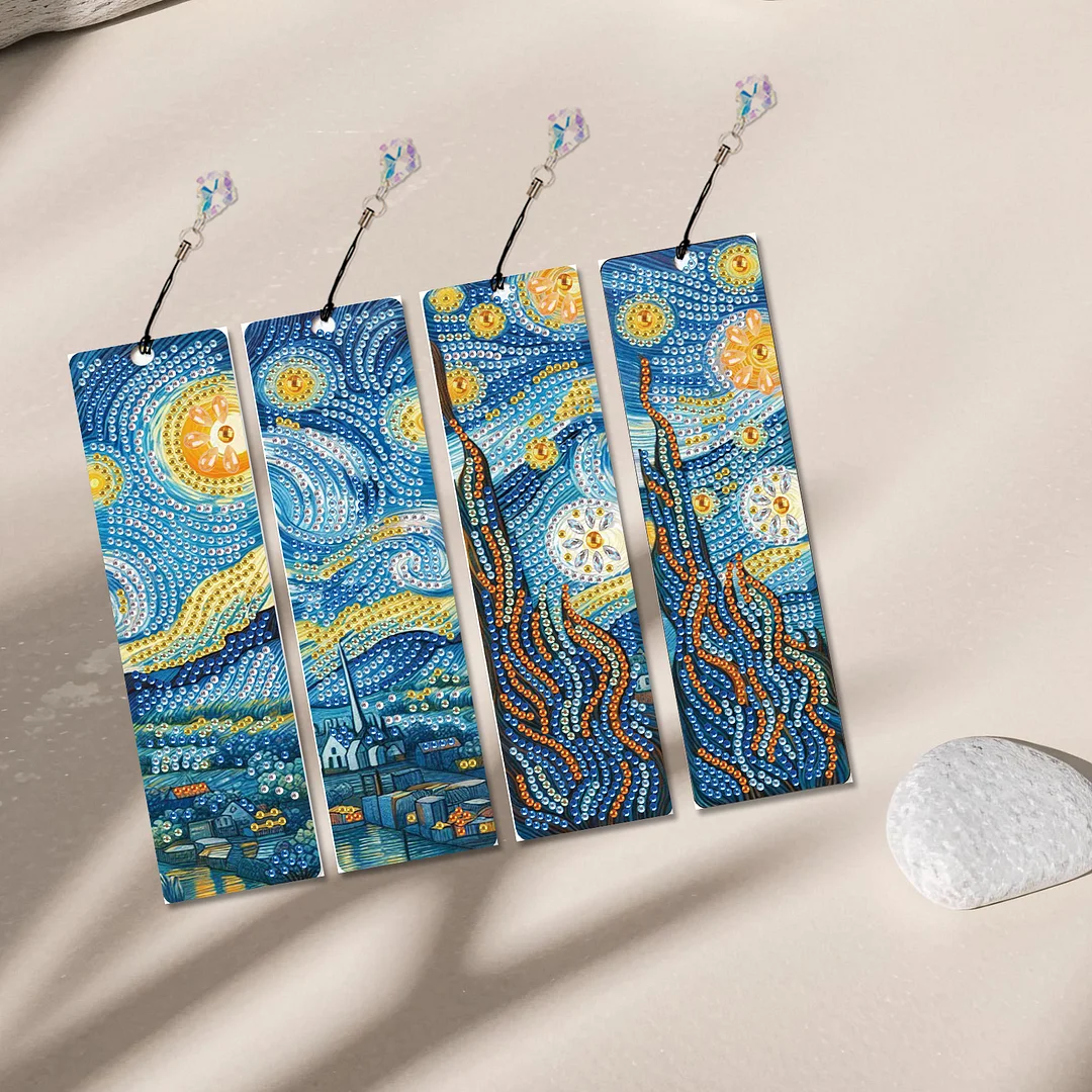 4Pcs Starry Night View DIY Diamond Bookmark Art Projects Irregular Shaped Diamonds Diamond Painting Art Bookmarks with Crystal Pendants for DIY Making Beginners Adult Art Craft Supplies