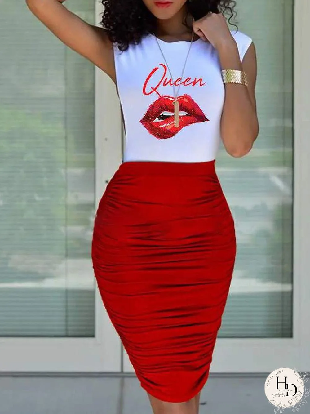 Women'S Sets Printed Lips Top & Skirt Two-Piece Set