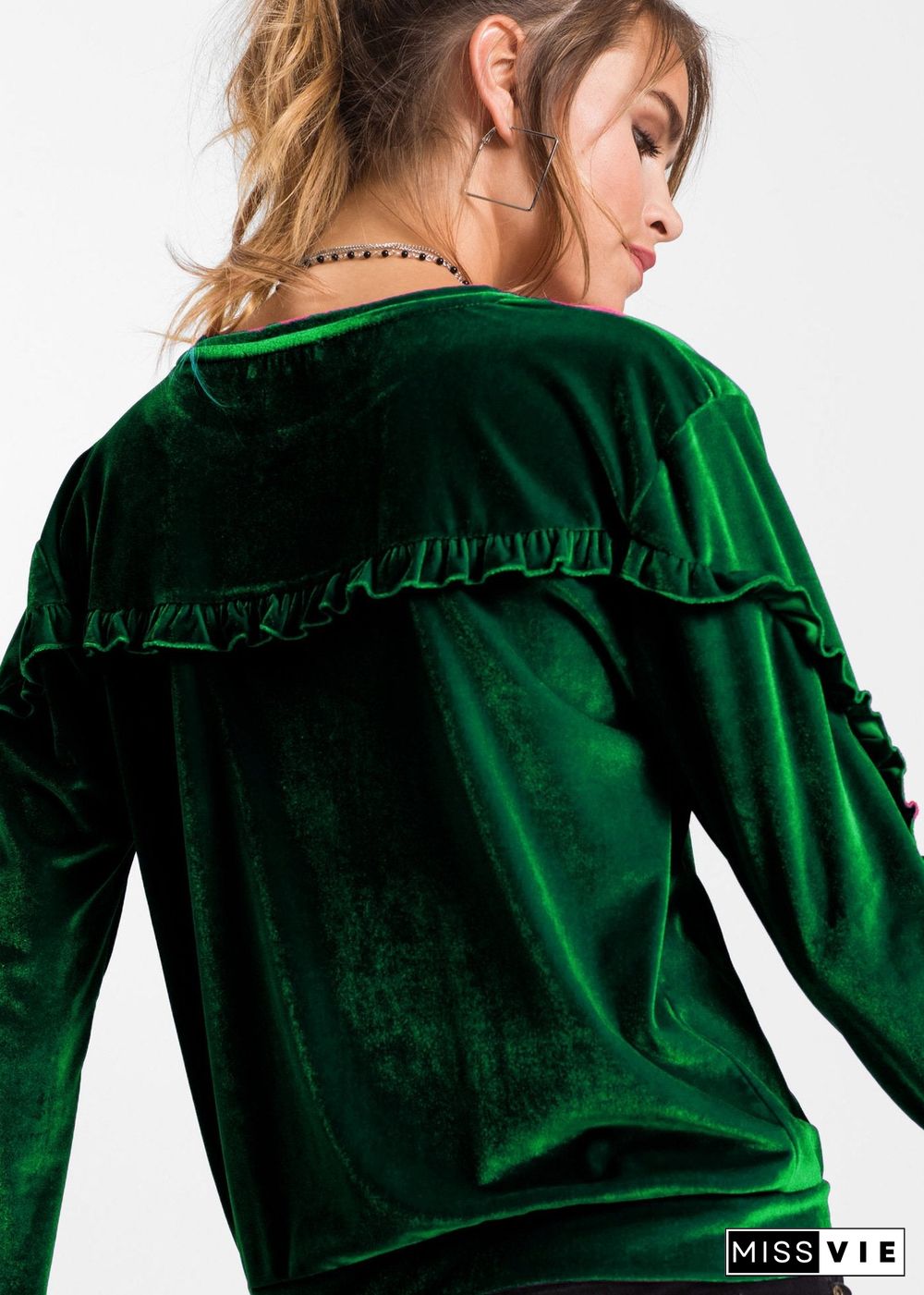 Round Neck Velvet Ruffled Velvet Shirt