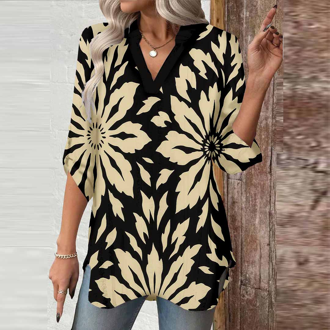 Women Floral, Black, Khaki DZGA0134 3/4 Sleeve V-neck Printed Graphic Button Tops