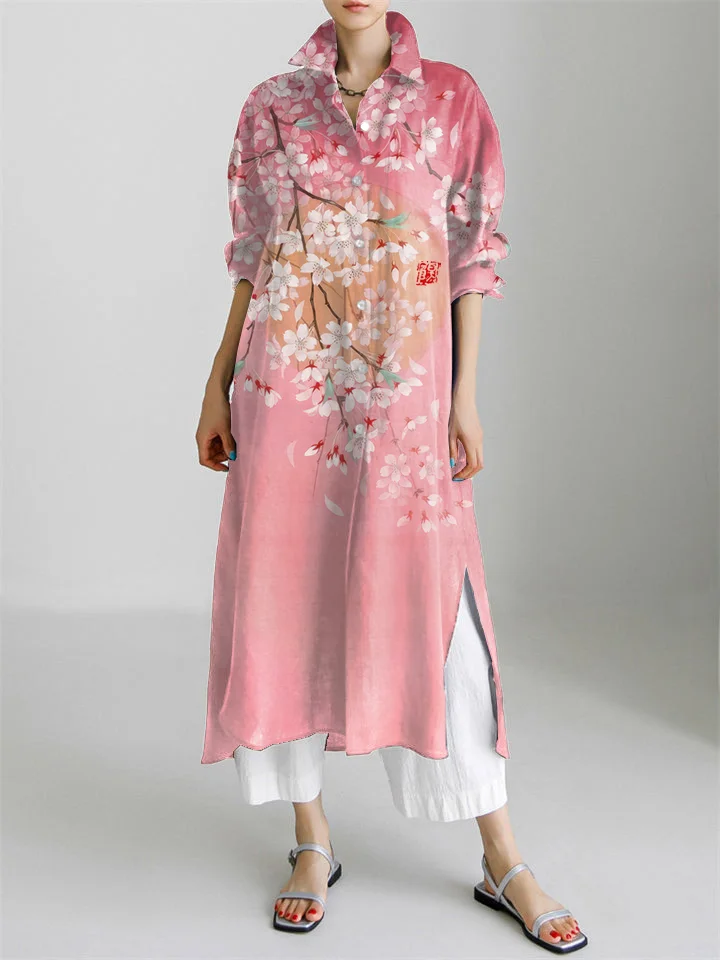 Cherry Blossom Full Moon Japanese Art Pattern Long Sleeve Slit Shirt Dress