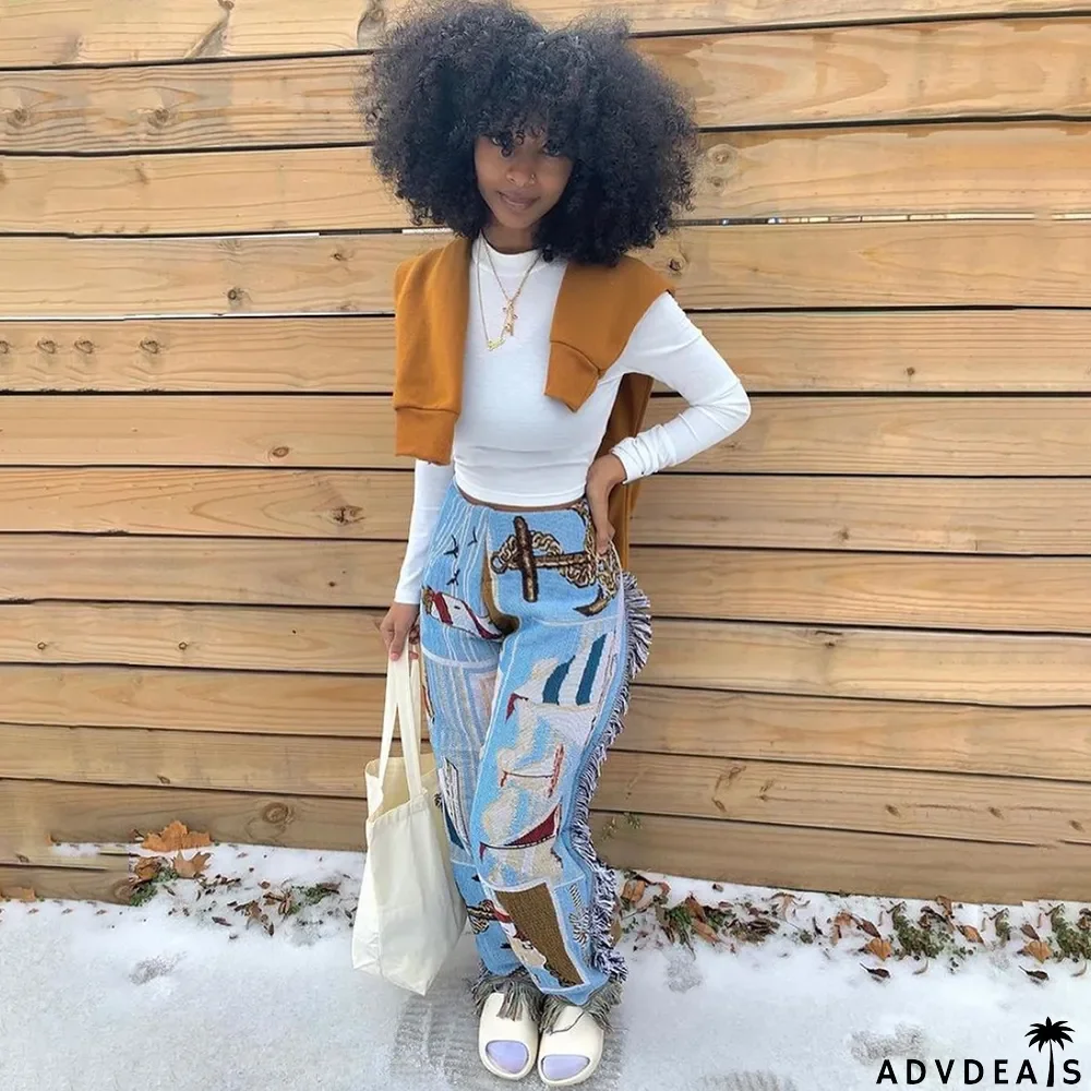 Casual Fashion Color Pattern Fringed Velvet Pants