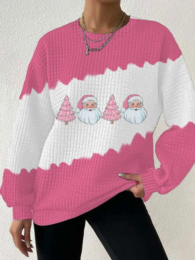 Women's Santa Christmas Tree Print Waffle Sweatshirt