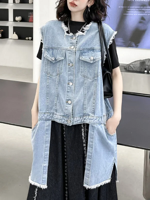 Roomy Irregular Clipping Buttoned Fringed Round-Neck Vest Outerwear