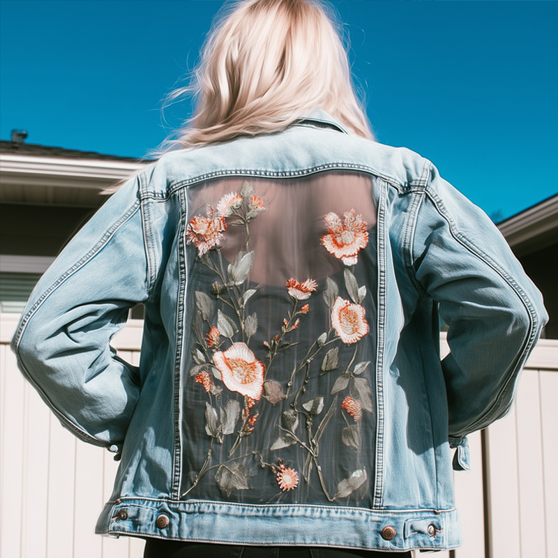 Floral Embroidered Denim Jacket With Sheer Back Detail