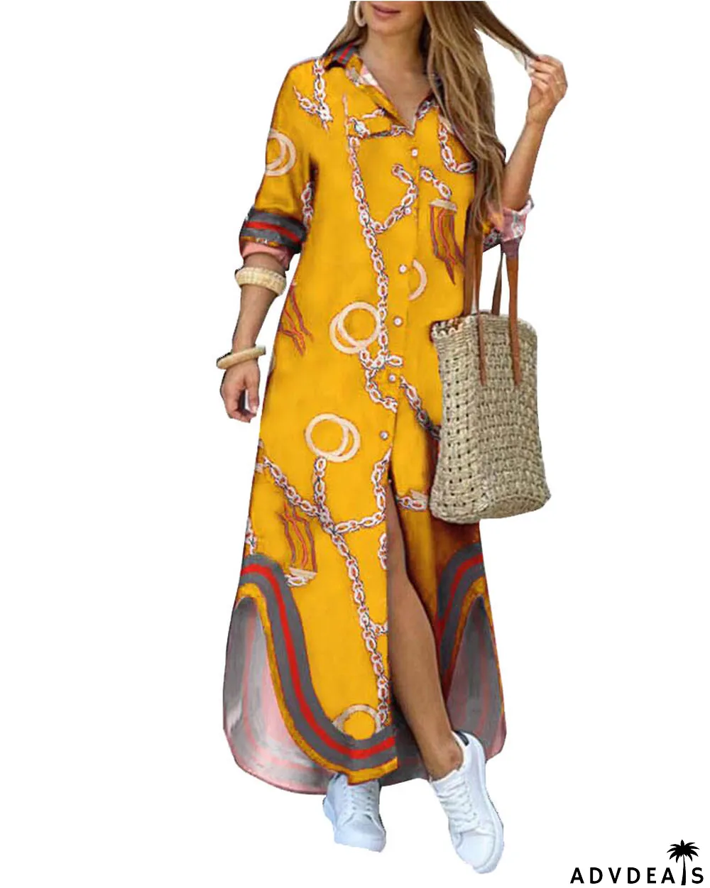 autumn and winter printed long-sleeve shirt dress