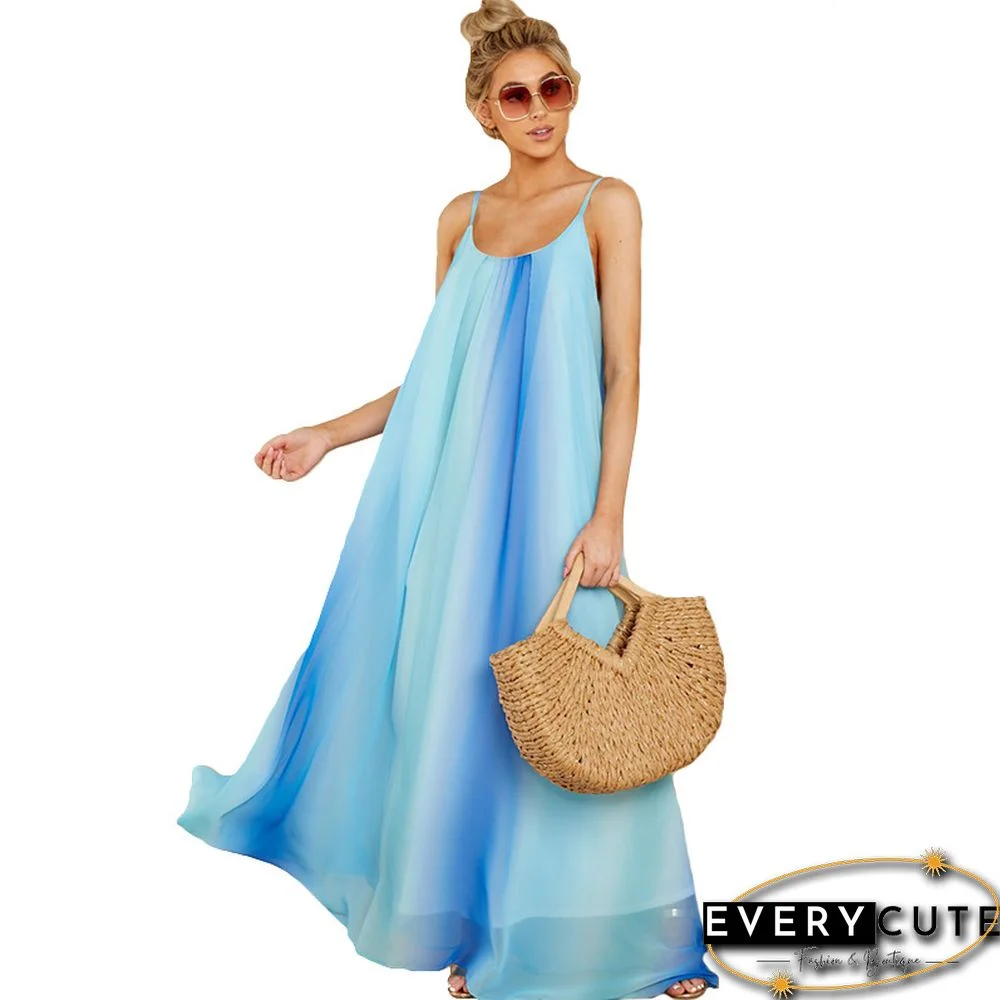 Light Blue Stripes Spaghetti Straps Maxi Beach Dress
