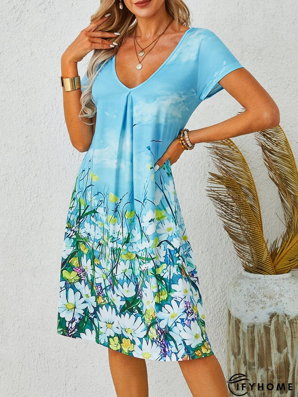 Casual Floral Loosen Short Sleeve Knit Dress | IFYHOME