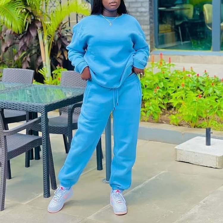 Vefave Casual Solid Color Long Sleeve Tracksuit Two Piece Set
