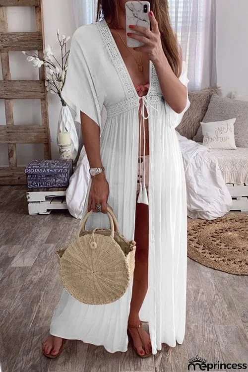 Crochet Lace Insert Long Cardigan