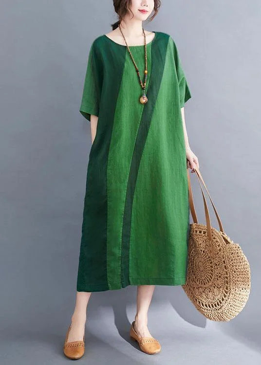 Handmade Green O-Neck Patchwork Summer Vacation Dresses Half Sleeve