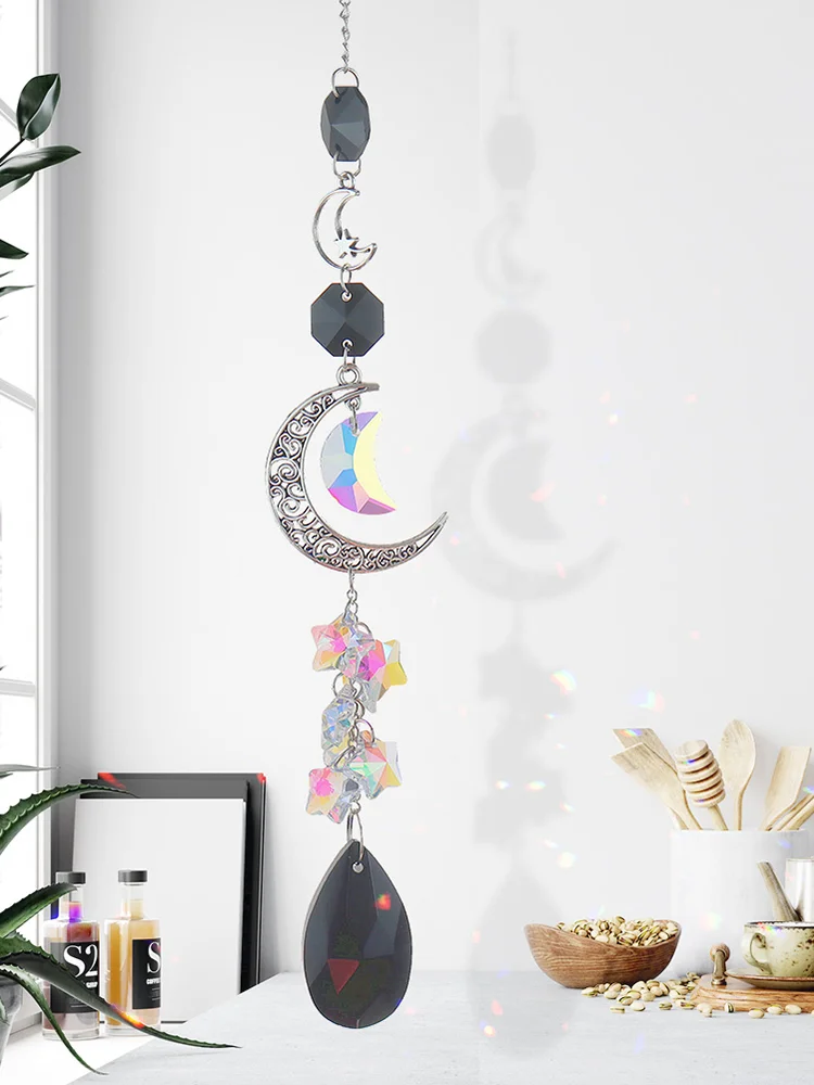 Crystal Diamond Wind Chimes Metal Hexagon Star Moon Hanging Ornaments Decor