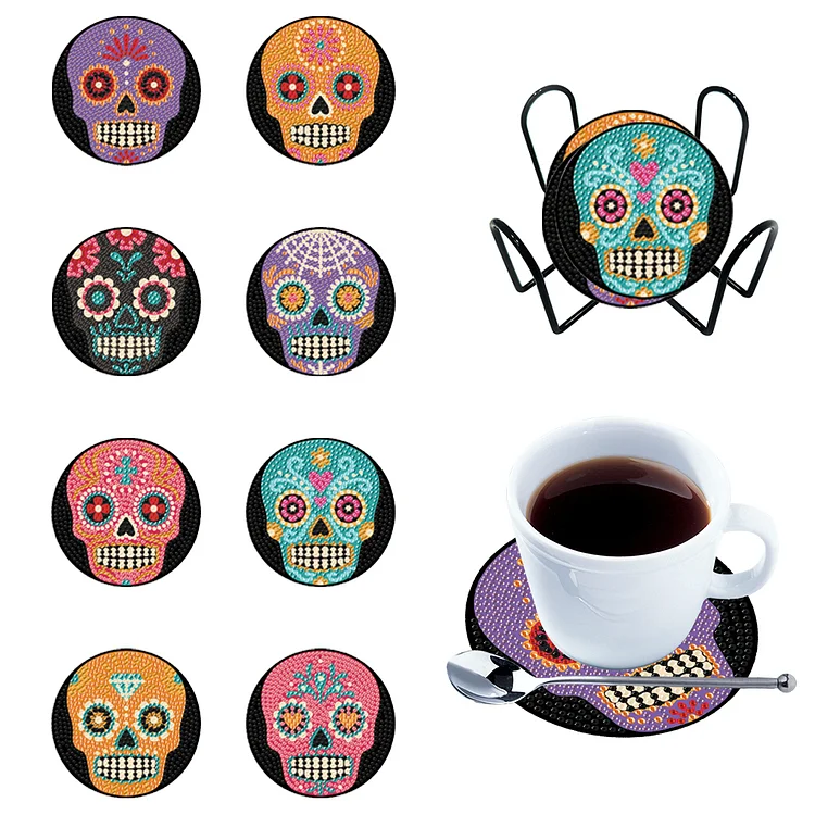 Day of the Dead Diamond Painting Coasters Kits with Holder, 8 Pcs