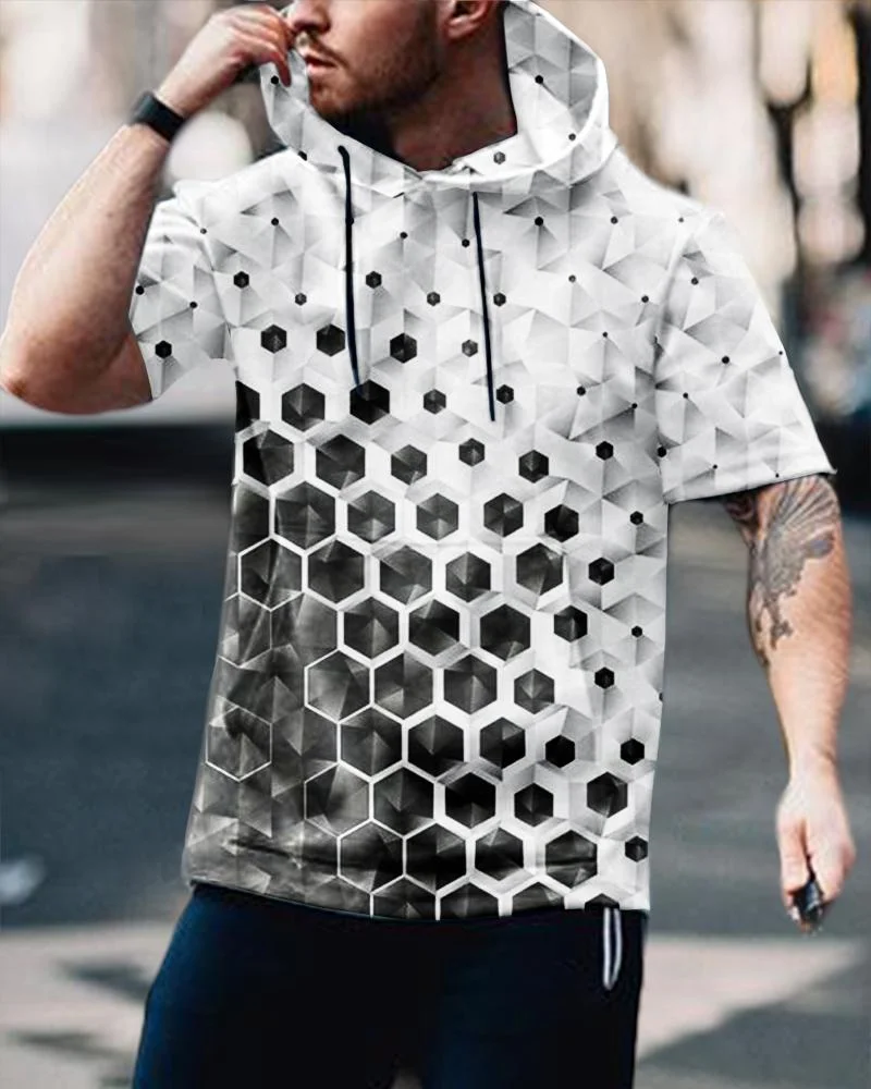 Men's Casual Stitching Geometric Printing Short-Sleeved Hoodie