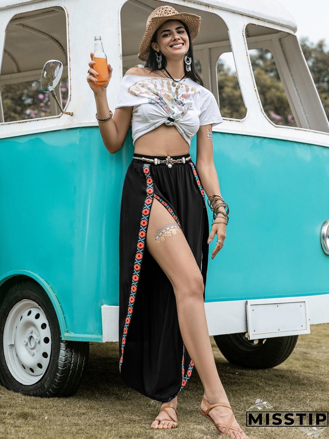 Slit Elastic Waist Wide Leg Pants