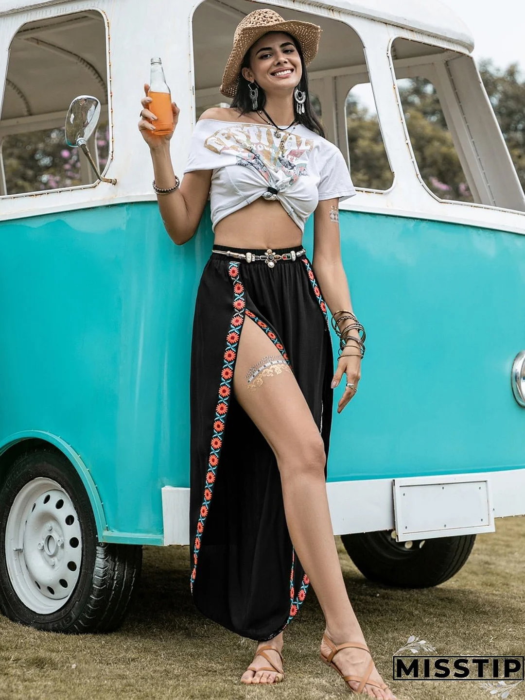 Slit Elastic Waist Wide Leg Pants