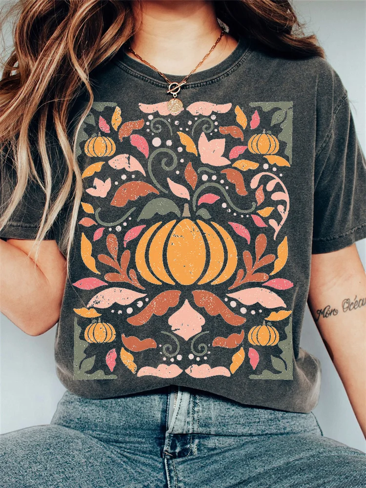 Fall Pumpkin Floral Art Vintage Washed T Shirt