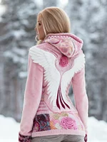 Boho Floral Patchwork & Wing Pattern Women's Flannel Hooded Sweatshirt