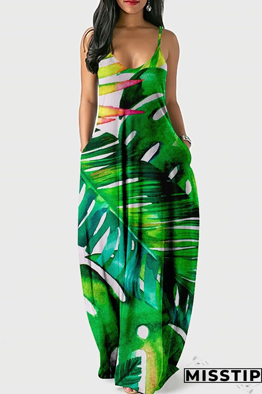 Cyan Green Sexy Casual Print Backless Spaghetti Strap Long Dress Dresses