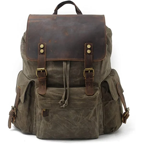 VRIGOO Vintage Canvas Genuine Leather Backpack for Men Women