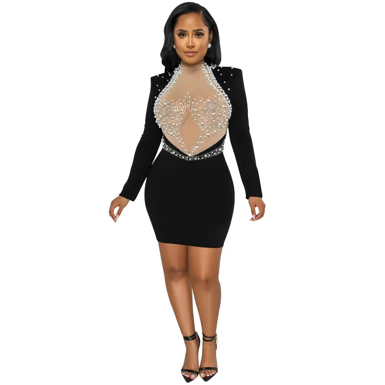 Promsstyle Mock neck sheer mesh backless rhinestone beaded mini party dress Prom Dress 2023