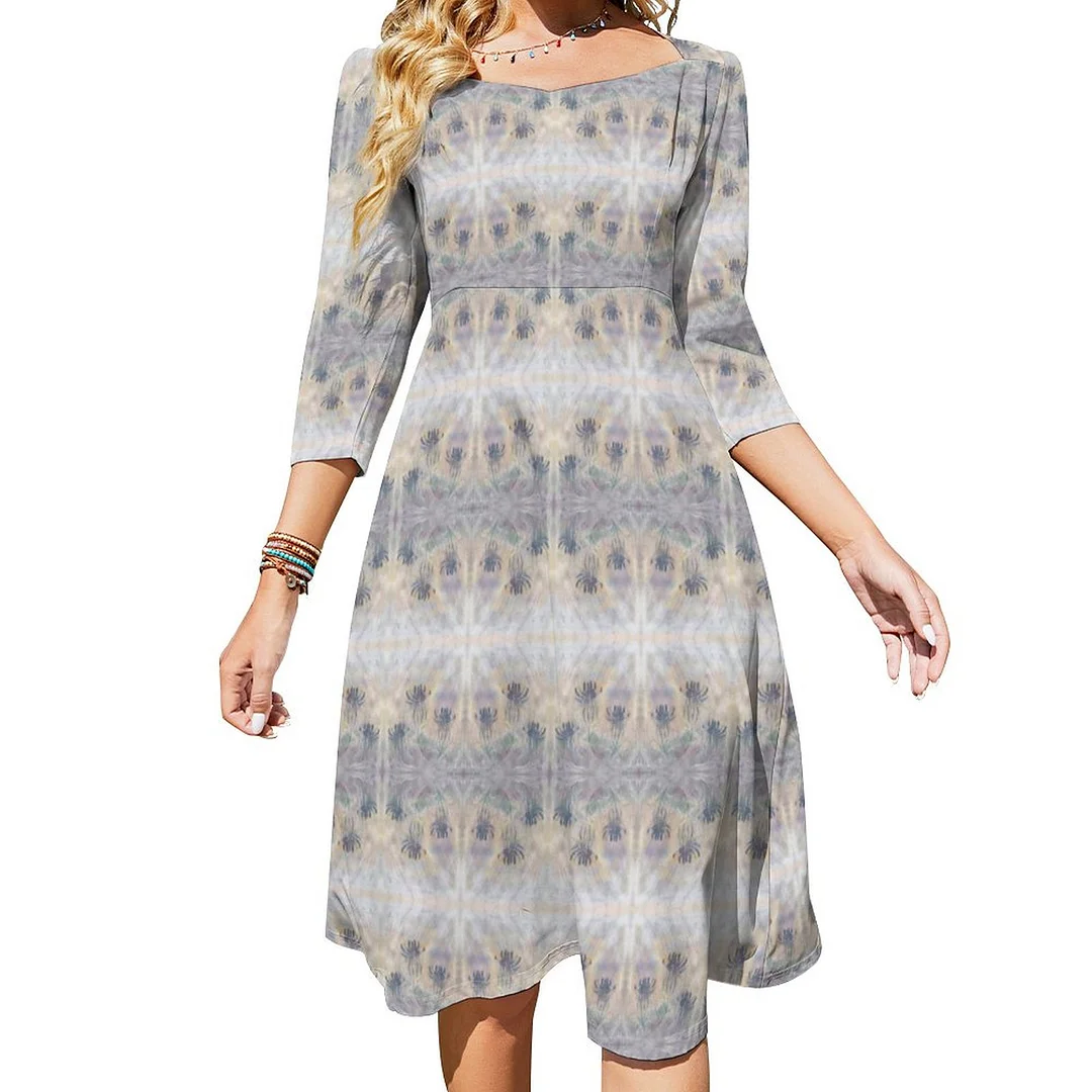 Boho Chic Pink Lavender Floral Pattern Dress Sweetheart Tie Back Flared 3/4 Sleeve Midi Dresses
