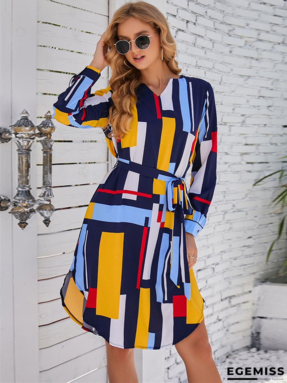 Classic Neckline Color Block Lace-up Design Dress | EGEMISS