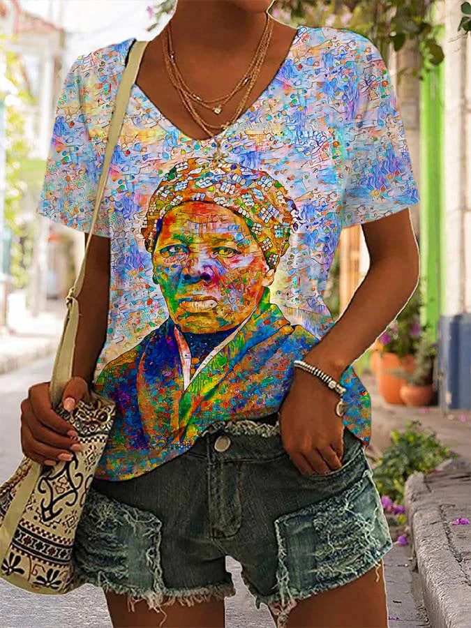 Women's Juneteenth Harriet Tubman Underground Railroad in Contemporary Vibrant Print V-Neck Tee