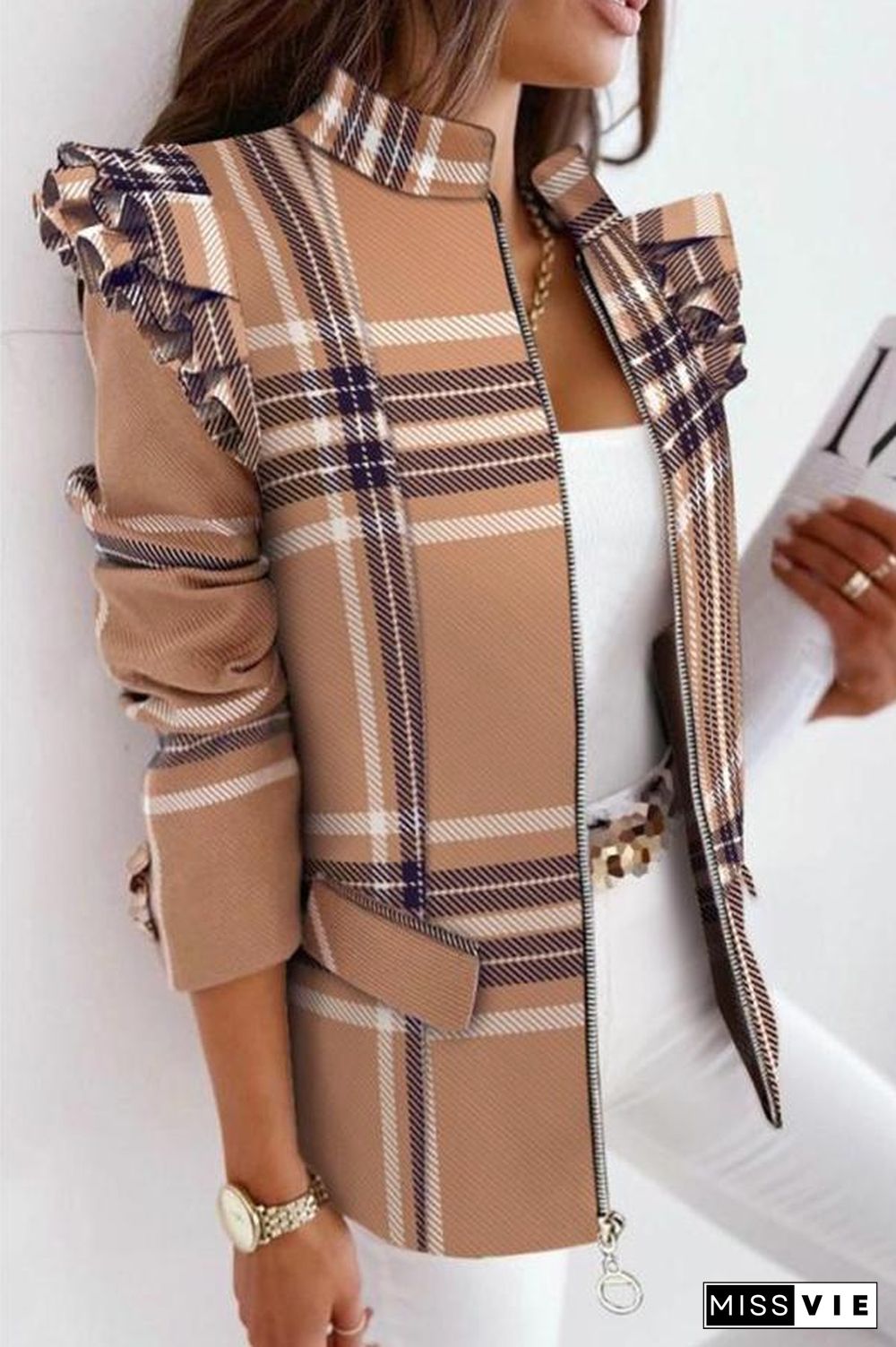 Melrose Plaid Print Ruffles Sleeve Zipper Up Coat