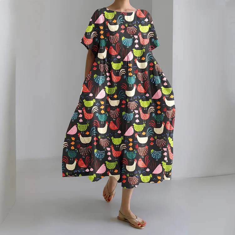 Retro Cozy Chicken Linen Blend Maxi Dress