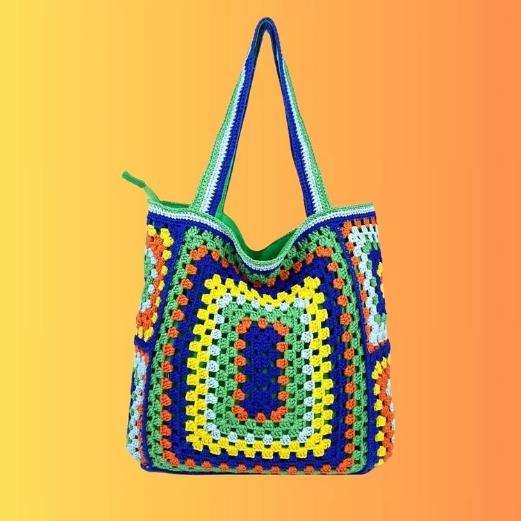 Lulusnow Handmade Blue Granny Square Beach Summer Bag,Vintage Handbag for Travel Crochet Shoulder Bag  