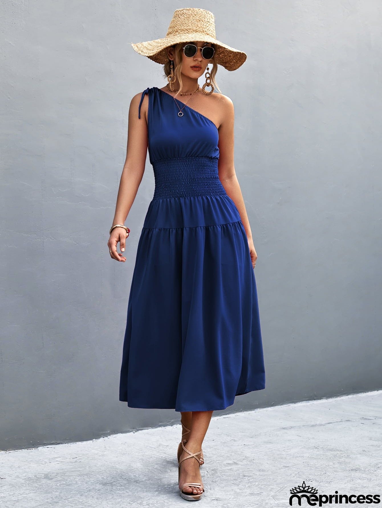 Asymmetrical One Shoulder Smocked Waist Midi Dress