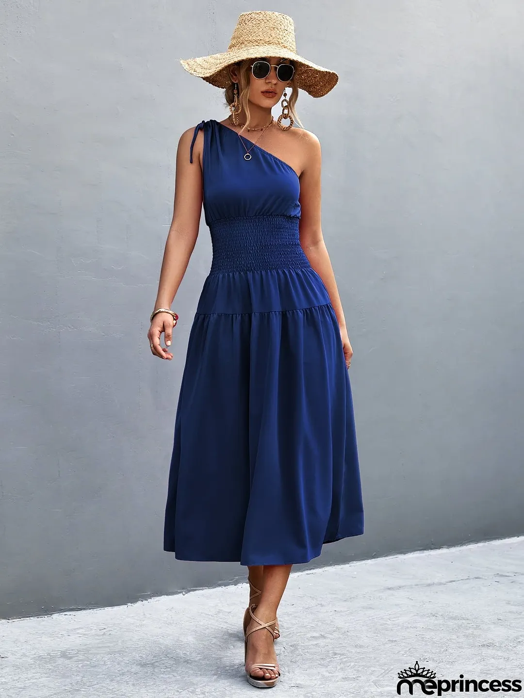 Asymmetrical One Shoulder Smocked Waist Midi Dress
