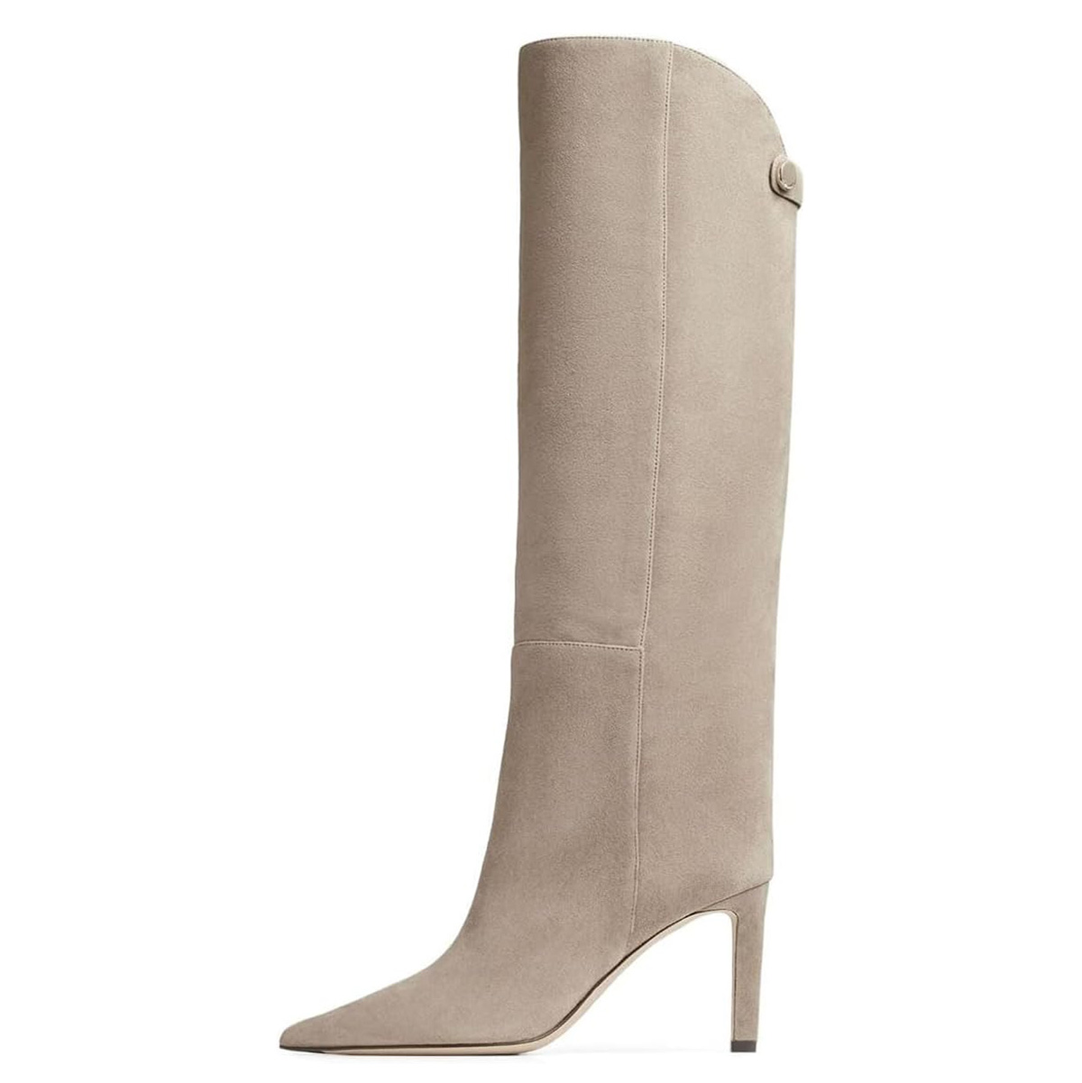 Taupe Faux Suede Pull-On Pointed Toe Knee High Heeled Boots