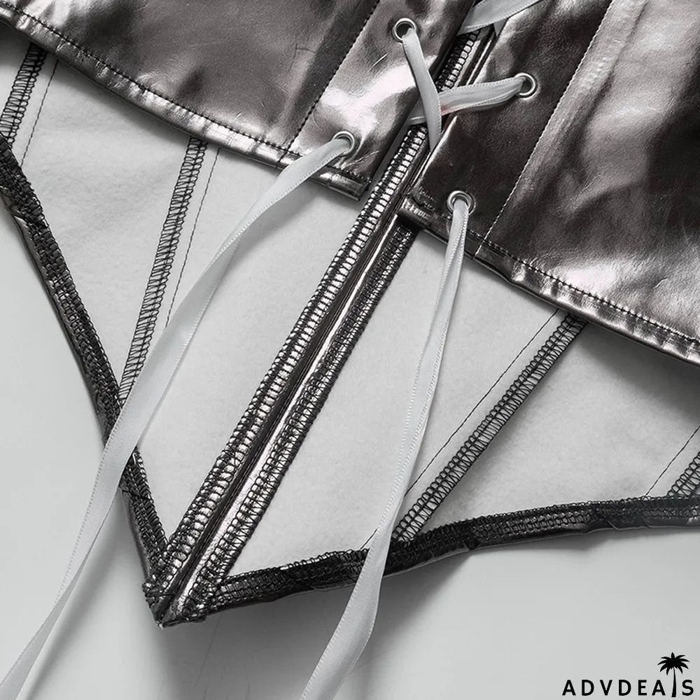 Women Summer Solid Color Sexy Sleeveless Backless Lace-Up PU-Leather Strapless Top