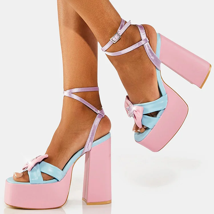 Pink & Blue Platform Sandals Rhinestone Bow Shoes Party Chunky Heels |FSJ Shoes