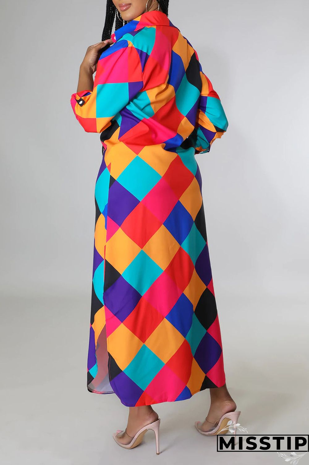 Blue Casual Print Patchwork Buckle Turndown Collar Shirt Dress Dresses