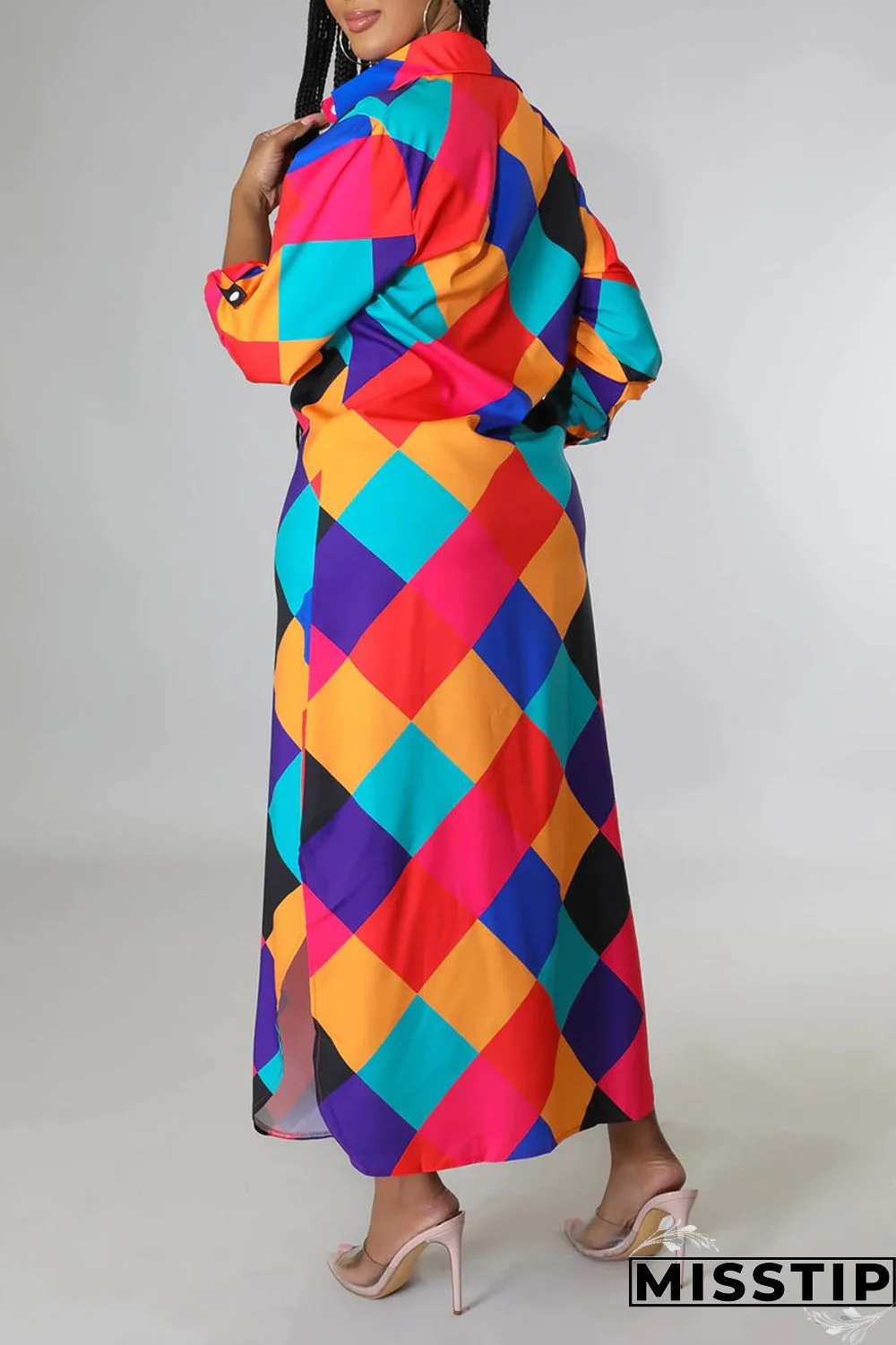 Blue Casual Print Patchwork Buckle Turndown Collar Shirt Dress Dresses