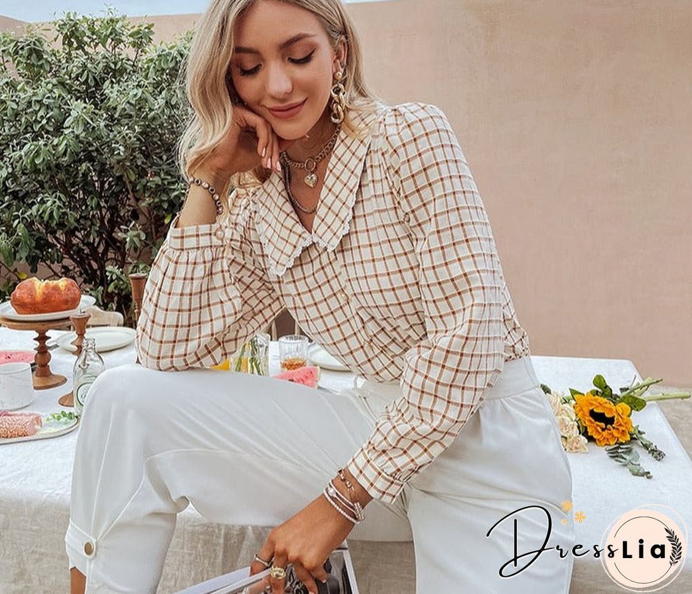 Autumn Office Lady Gingham Square Pattern Shirt Women Casual V-neck Brown Skinny Blouse Female Regular Sleeves Top
