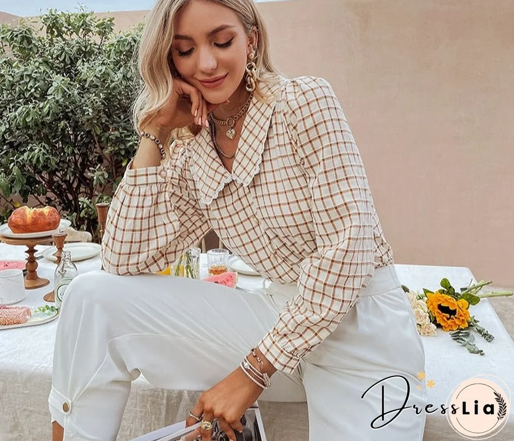Autumn Office Lady Gingham Square Pattern Shirt Women Casual V-neck Brown Skinny Blouse Female Regular Sleeves Top