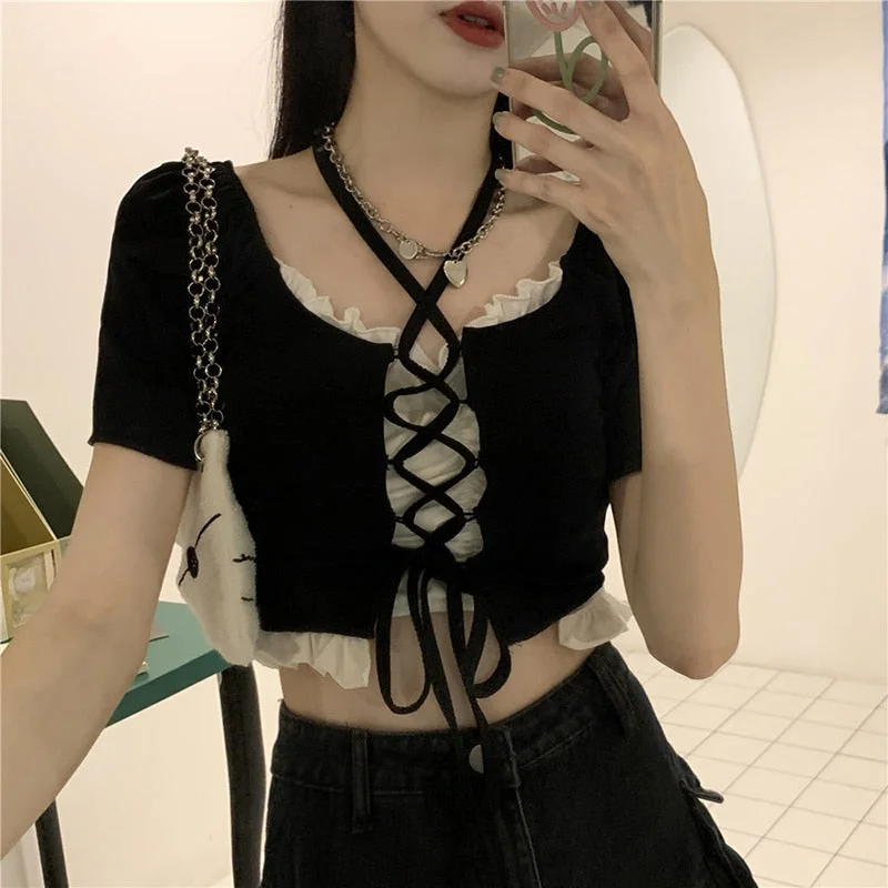 Design Sense Bandage Hanging Neck Short Sleeved T-shirt Women&#39;s Summer Hot Wind Short Girl One-Shoulder Chic Top Tshirt Female