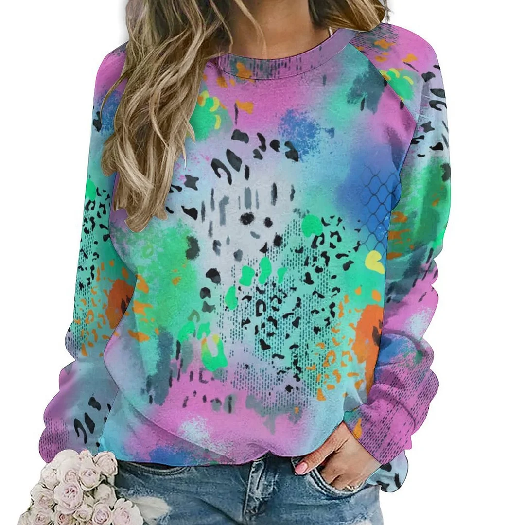 Printed Long Sleeve Casual Sweatshirt for  Women and Men Unisex Pattern Watercolor, Pink, Green