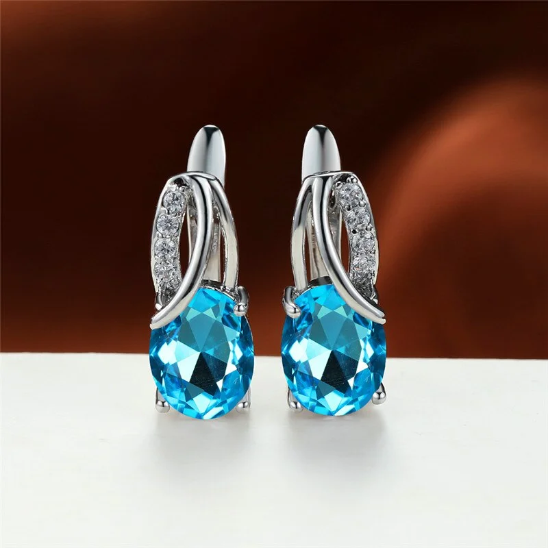 Cute Female Pink Rainbow Stone Earrings Silver Color Clip Earrings For Women Charm Crystal Zircon Wedding Earrings