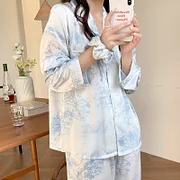 Avatarxai Female 2Pcs Pajamas Set Lounge Wear Gray Print Flower Long Sleeve Trouser Suits Spring Summer Casual Home Clothes Underwear