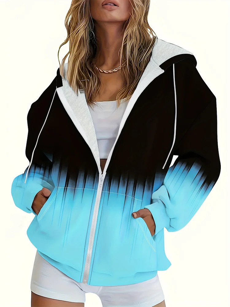Women's Stylish Gradient Zip-Up Hoodie - Casual Long Sleeve With Pockets, Black To Blue Ombre Design, Polyester Blend, Machine Washable, Spring/Summer/Fall Wear, Seasonal Fashion Top | Gradient Color Hoodie | Glossy Texture Fabric