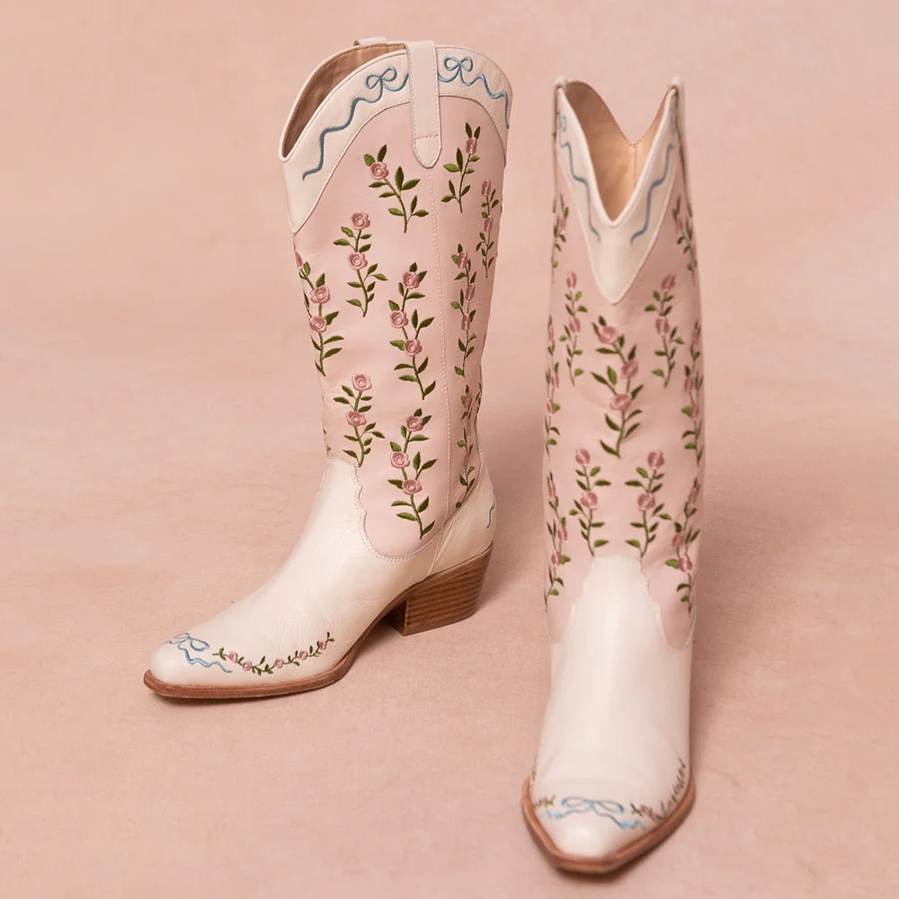 Light Pink & Ivory Flower Embroidered Stacked Heel Cowgirl Boots