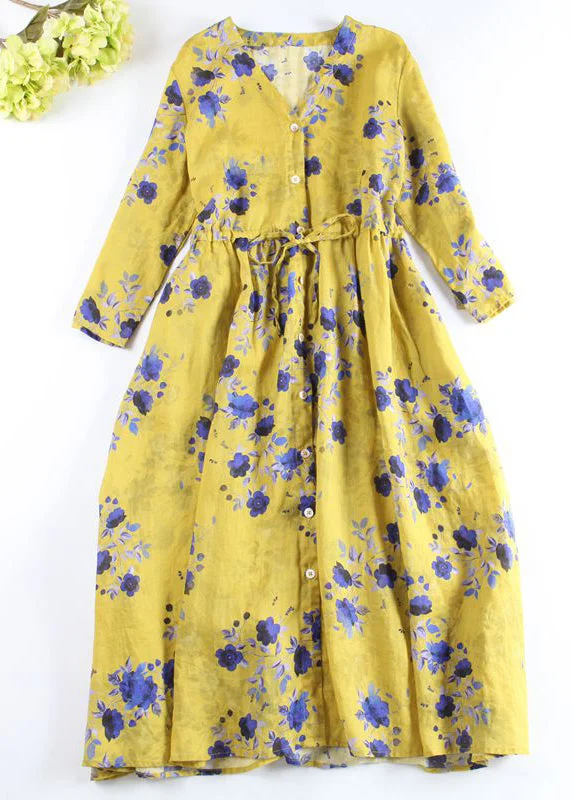 Boutique Yellow Button V Neck Print Linen Shirt Dress Long Sleeve